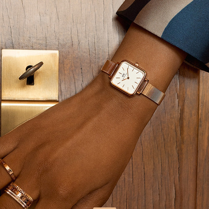 Daniel Wellington Quadro Studio White Dial Rose Gold Mesh Strap Watch For Women - DW00100517