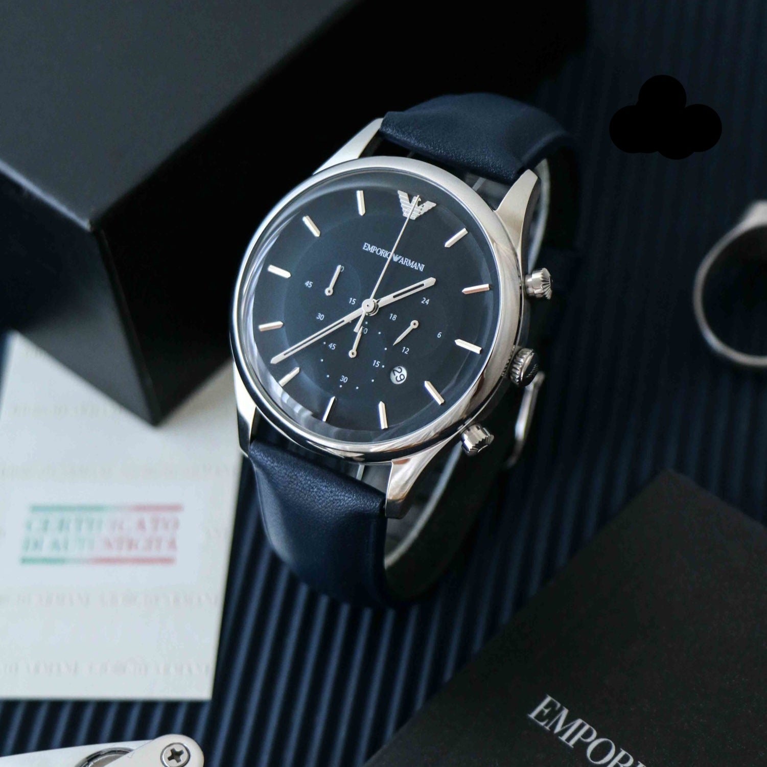 Emporio Armani Lambda Chronograph Blue Dial Blue Leather Strap Watch For Men - AR11018