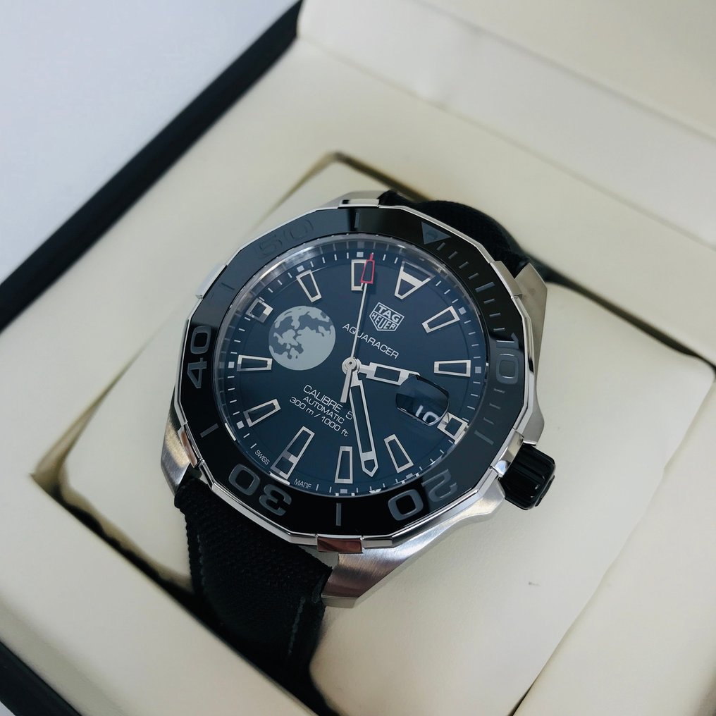 Tag Heuer Aquaracer Calibre 5 Moon Black Dial Black Nylon Strap Watch for Men - WAY201J.FC6370