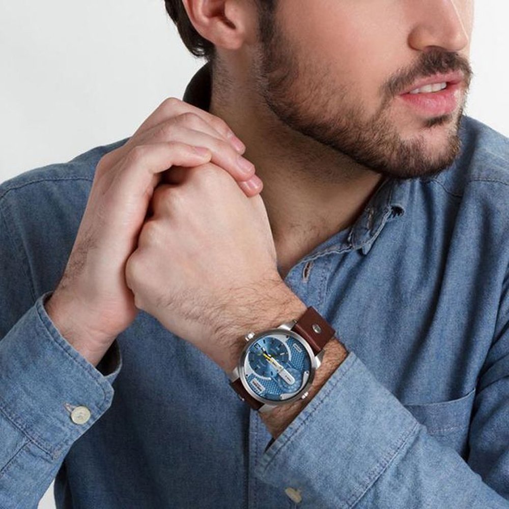 Diesel Mini Daddy LIght Blue Dial Brown Leather Strap Watch For Men - DZ7321