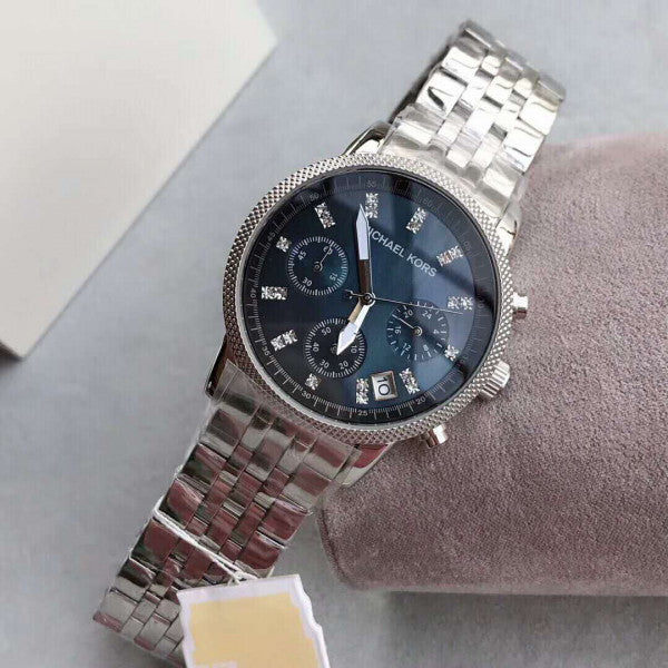 Michael Kors Jet Set Chronograph Blue Dial Silver Steel Strap Watch for Women - MK5021