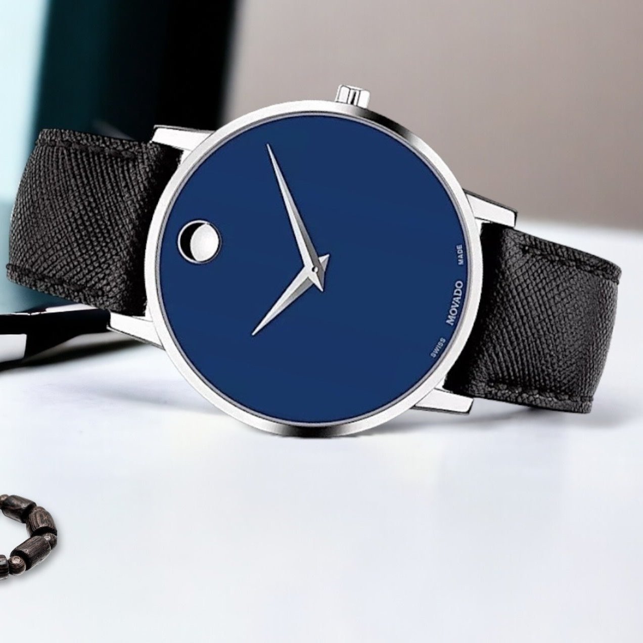 Movado Museum Classic Blue Dial Black Leather Strap Watch for Men - 0607197
