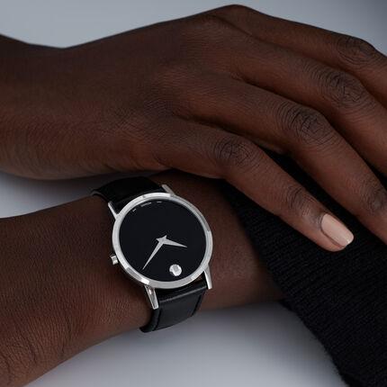 Movado Museum Black Dial Black Leather Strap Watch For Men - 2100002