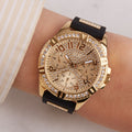 Guess Frontier Diamonds Gold Dial Black Rubber Strap Watch For Women - W1160L1