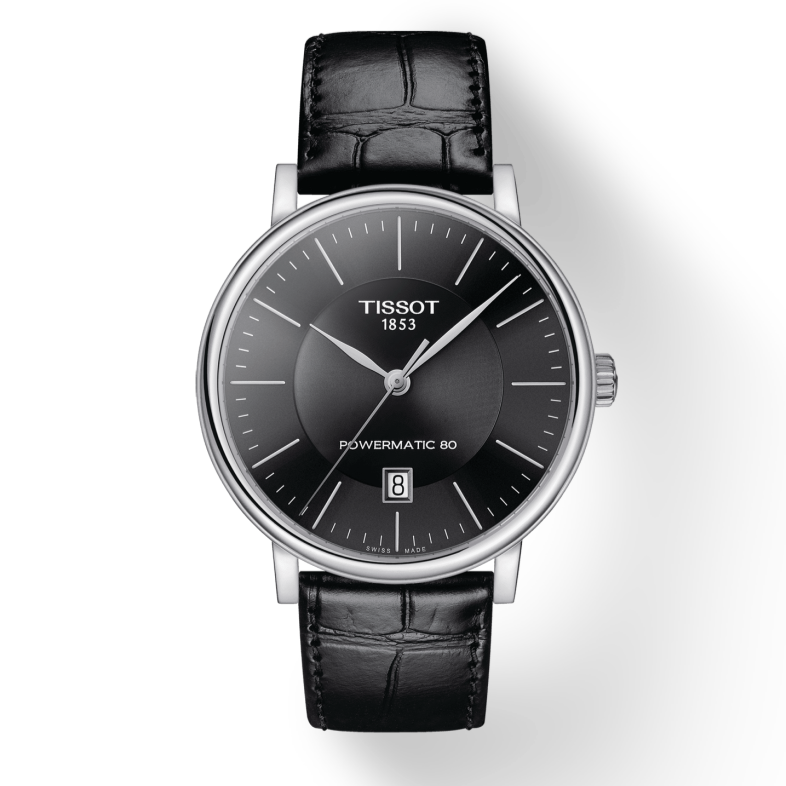 Tissot Carson Premium Powermatic 80 Black Dial Black Leather Strap Watch For Men - T122.407.16.051.00