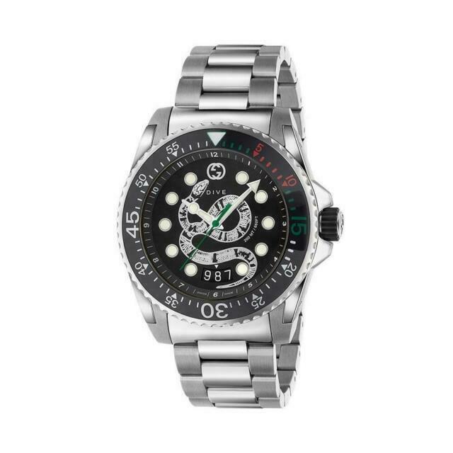 Gucci Dive Snake Black Dial Silver Steel Strap Watch For Men - YA136218