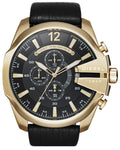 Diesel Mega Chief Chronograph Black Dial Black Leather Strap Watch For Men - DZ4344