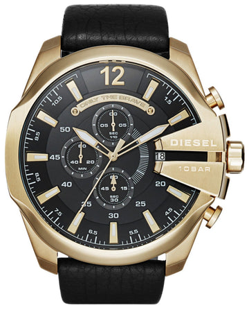 Diesel Mega Chief Chronograph Black Dial Black Leather Strap Watch For Men - DZ4344