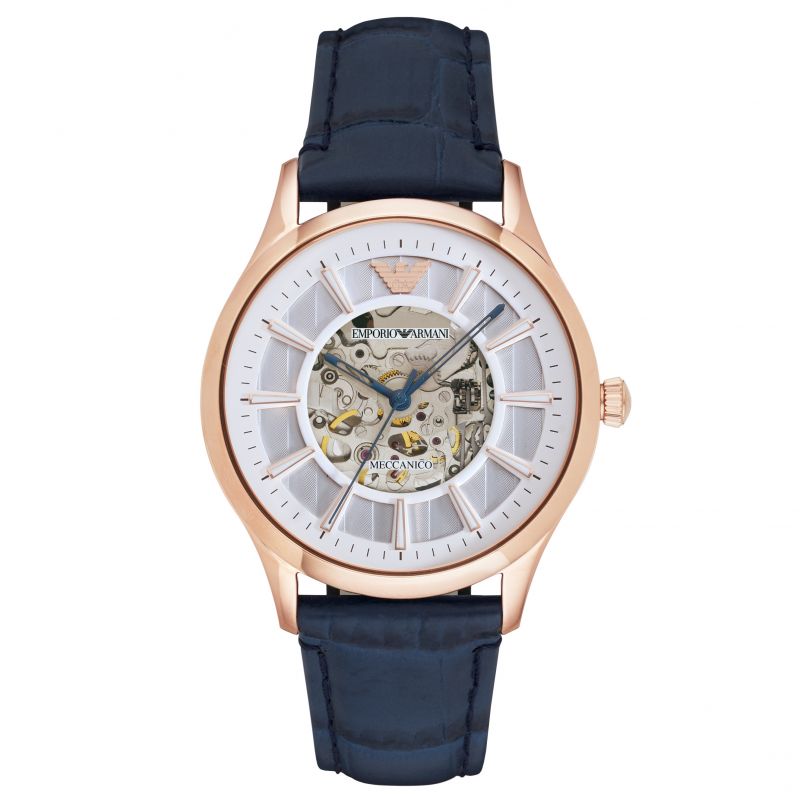 Emporio Armani Meccanico Automatic White Dial Blue Leather Strap Watch For Men - AR1947