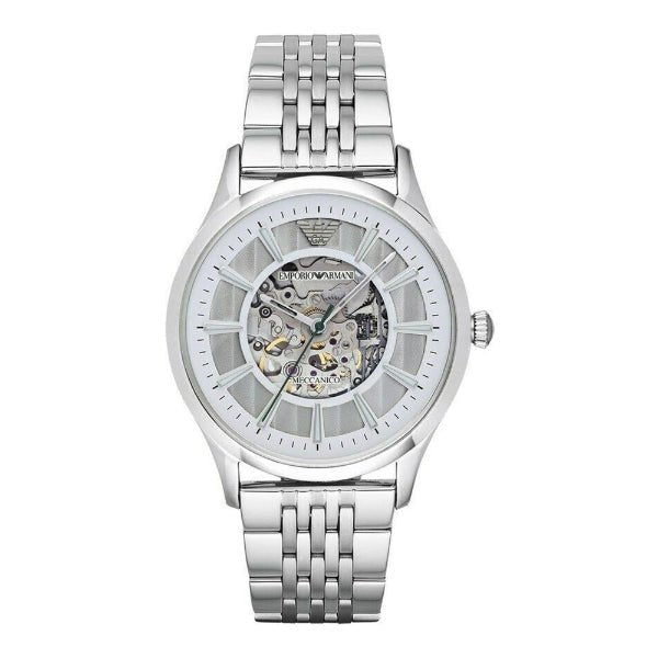 Emporio Armani Meccanico Skeleton Silver Dial Silver Steel Strap Watch For Men - AR1945