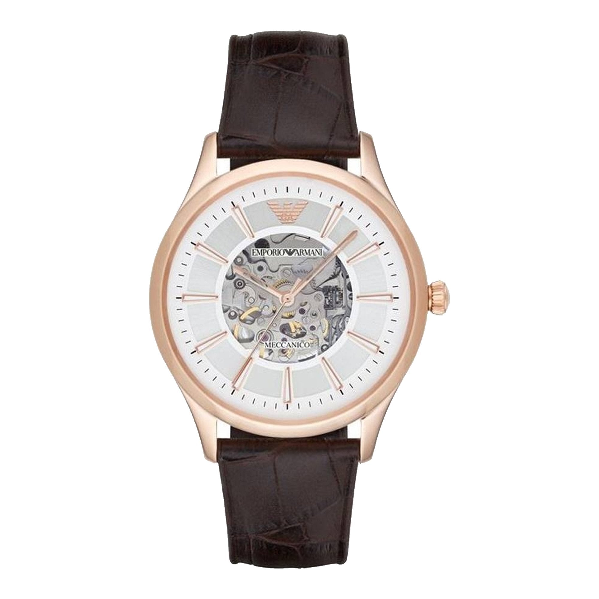 Emporio Armani Epoca White Skeletal Dial Black Leather Strap Watch For Men - AR2073