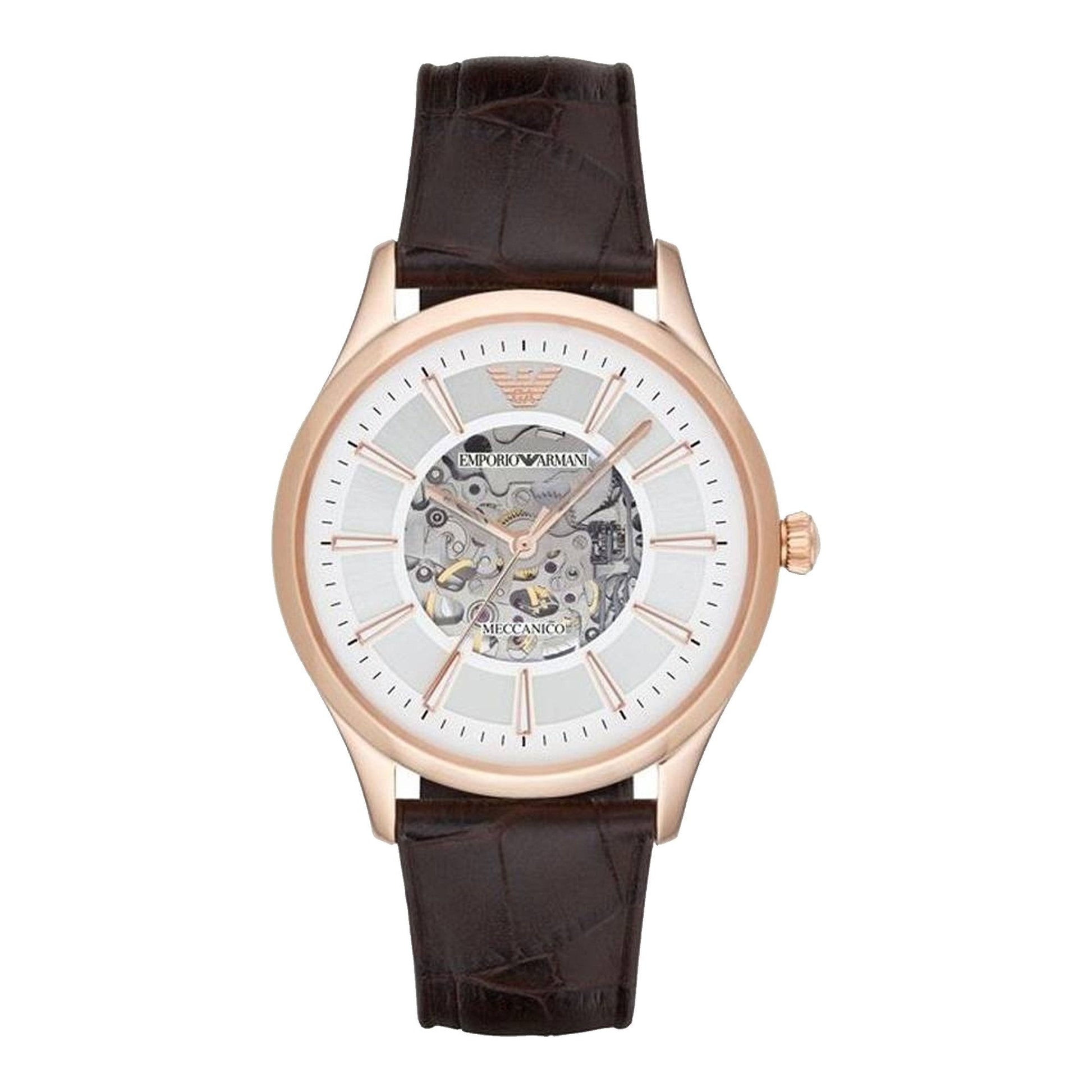 Emporio Armani Epoca White Skeletal Dial Black Leather Strap Watch For Men - AR2073