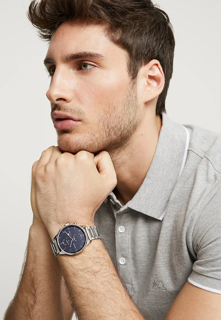 Tommy Hilfiger Chase Multifunction Blue Dial Silver Steel Strap Watch for Men - 1791575