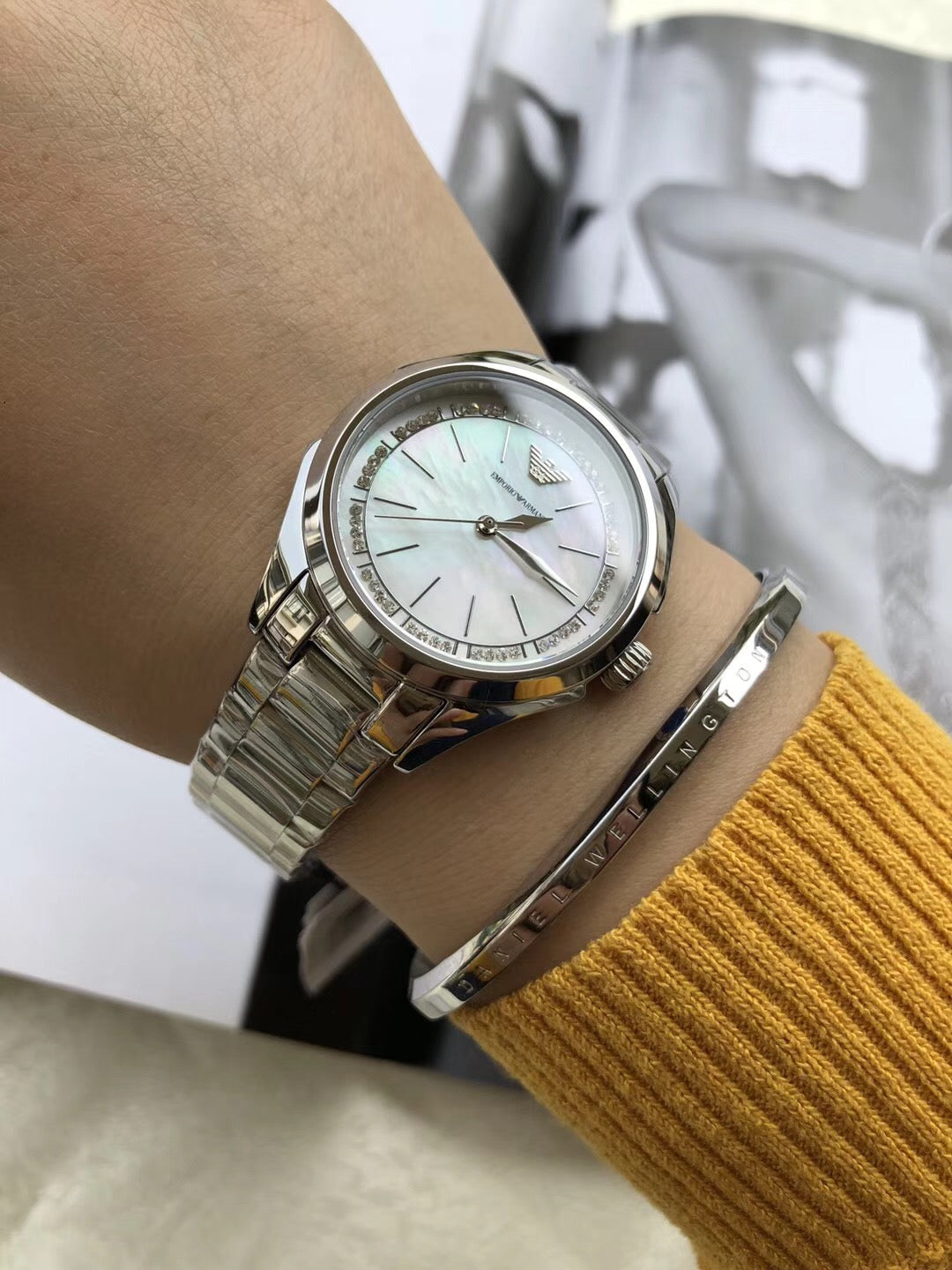 Emporio Armani Valeria Quartz Mother of Pearl Dial Silver Steel Strap Watch For Women - AR11030