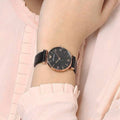 Emporio Armani Gianni T Bar Black Mother of Pearl Dial Black Leather Strap Watch For Women - AR11060