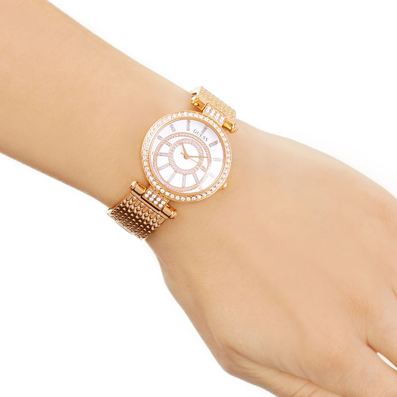 Guess Muse Quartz Silver Dial Rose Gold Steel Strap Watch For Women - W1008L3