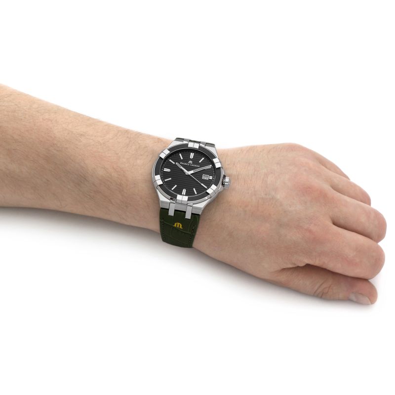 Maurice Lacroix Aikon Quartz Black Dial Green Crocodile Leather Strap Watch for Men - AI1008-PVB21-330-1