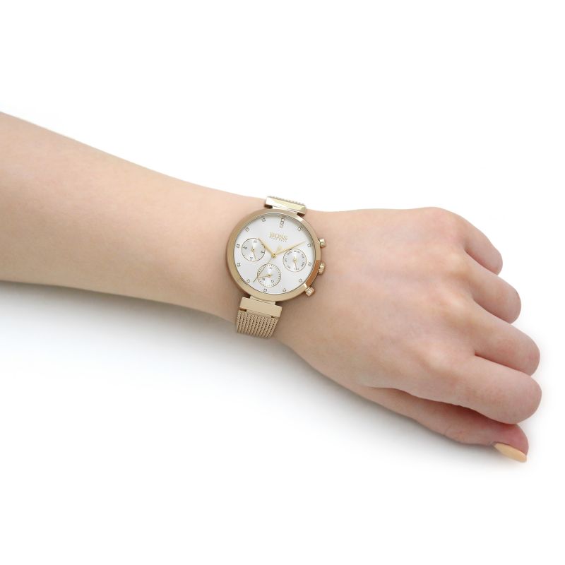 Hugo Boss Flawless White Dial Gold Mesh Bracelet Watch for Women - 1502552