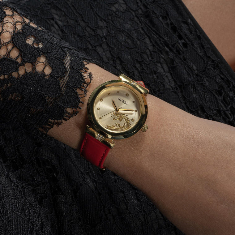 Guess Trend Dragon Gold Dial Red Leather Strap Watch For Women - GW0646L1
