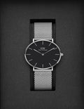 Daniel Wellington Petite Sterling Black Dial Silver Mesh Bracelet Watch For Women - DW00100304