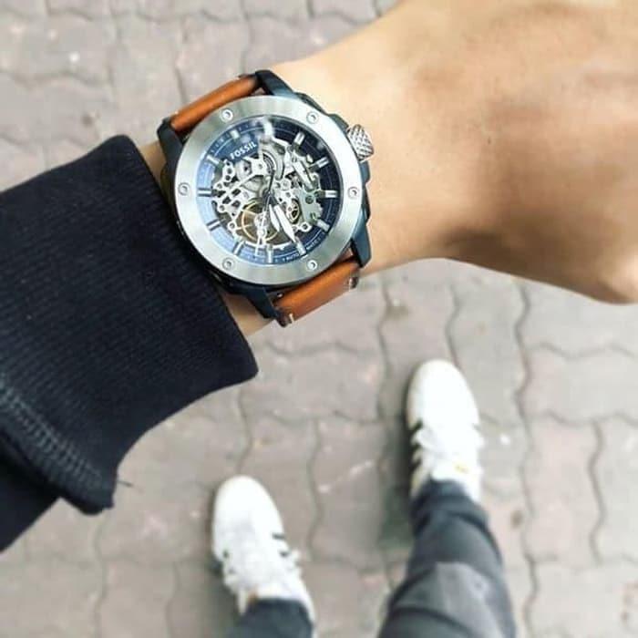 Fossil Modern Machine Automatic Skeleton Silver Dial Brown Leather Strap Watch for Men - ME3135