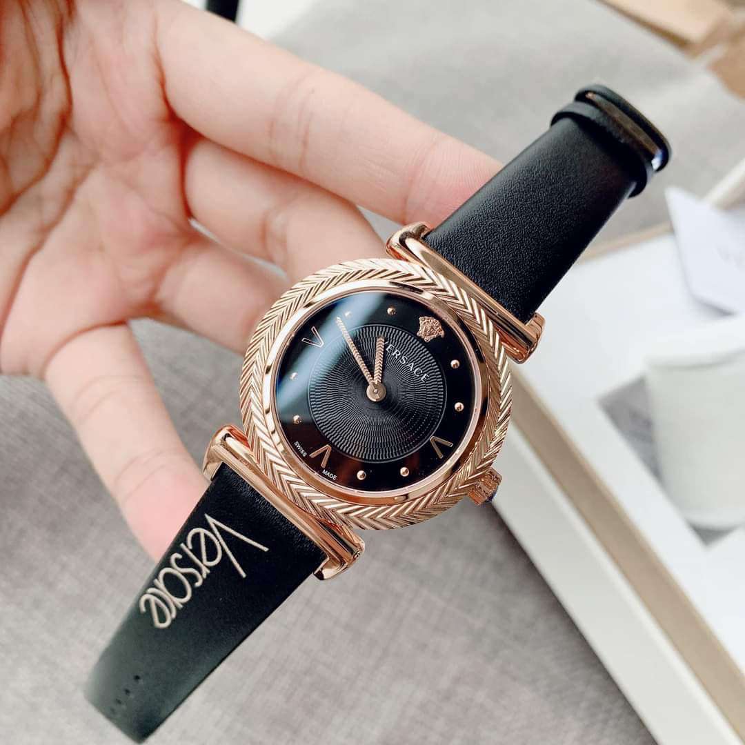Versace V-Motif Vintage Logo Black Dial Black Leather Strap Watch for Women - VERE00818