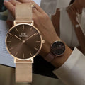 Daniel Wellington Petite Melrose Brown Dial Rose Gold Mesh Strap Watch For Women - DW00100477