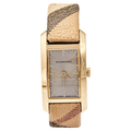 Burberry Pioneer Gold Dial Haymarket Beige Leather Strap Watch for Women - BU9509