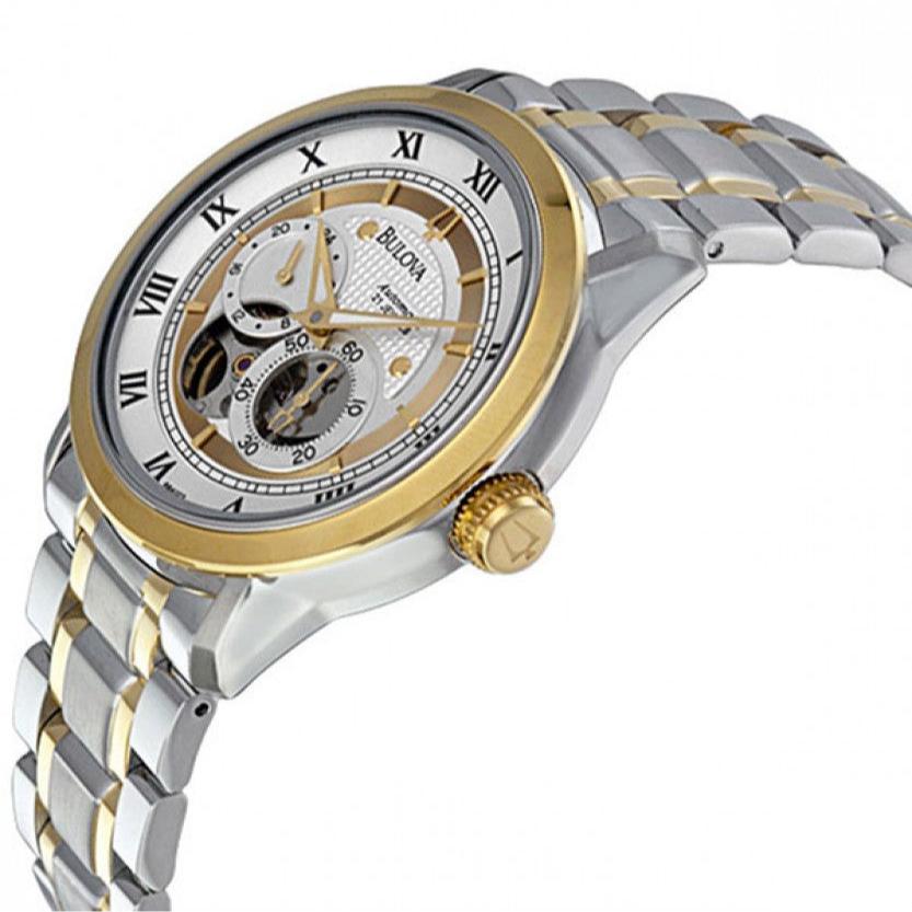 Bulova BVA Skeleton Silver Dial Two Tone Steel Strap Watch for Men - 98A123