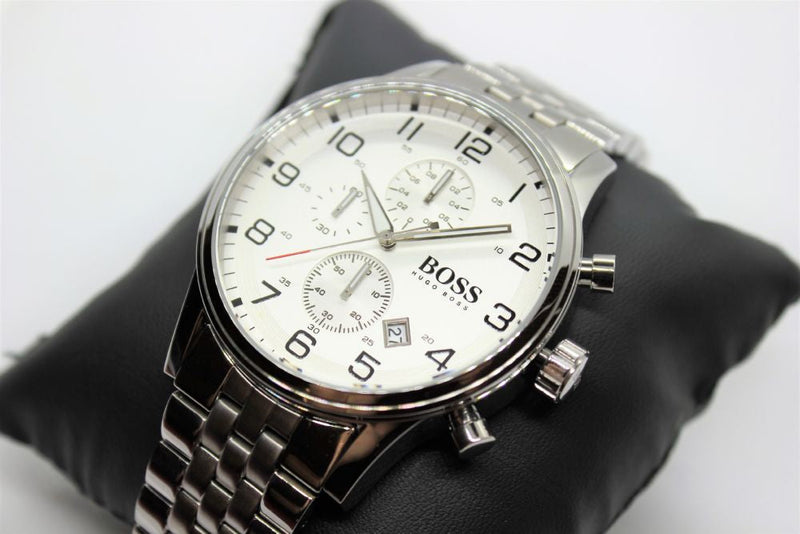 Hugo Boss Aeroliner Chronograph White Dial Silver Steel Strap Watch For Men - 1512445