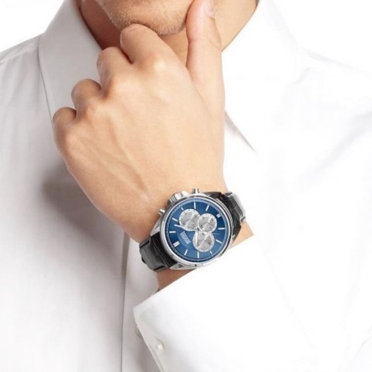 Hugo Boss Driver Blue Dial Black Leather Strap Watch for Men - 1512882