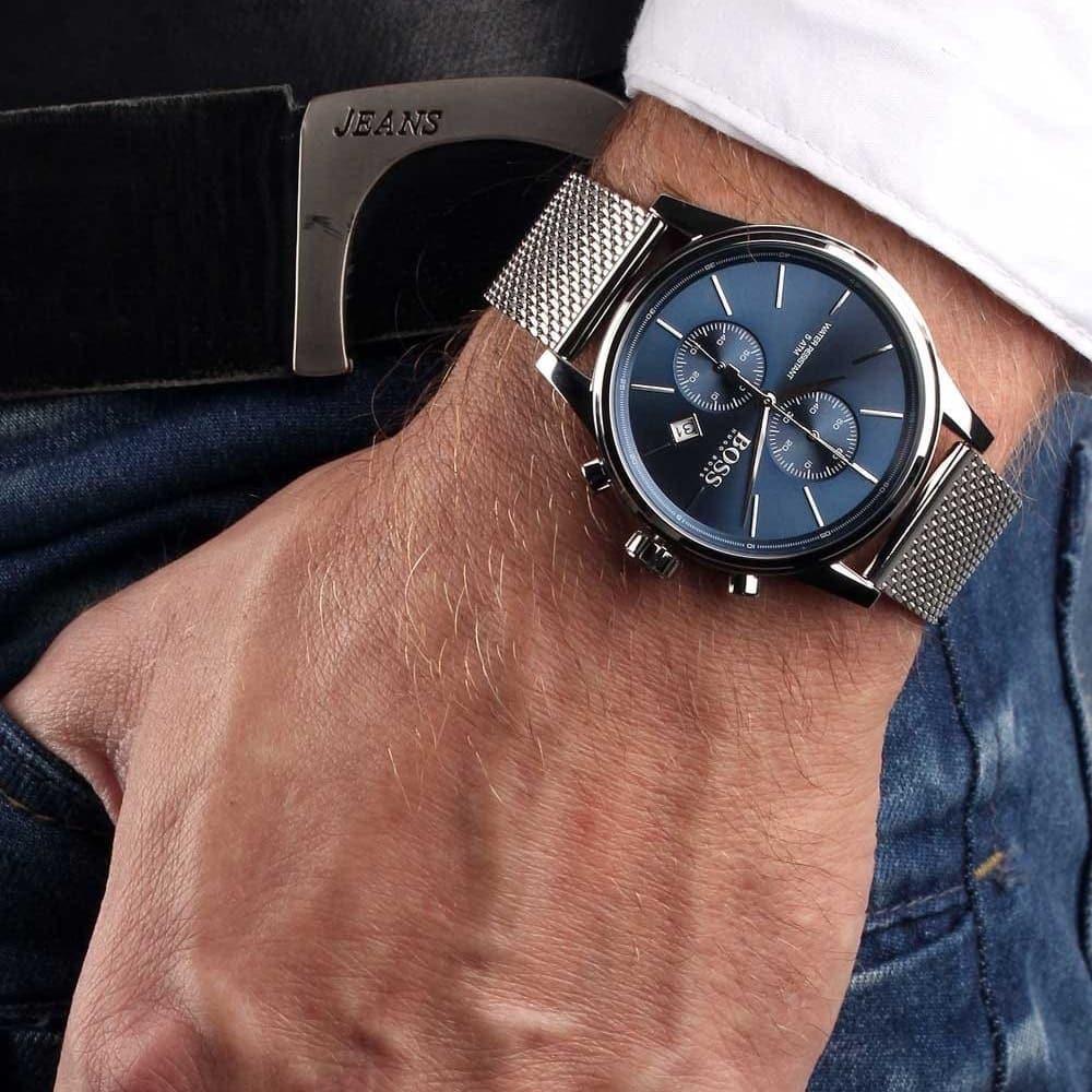 Hugo Boss Jet Blue Dial Gunmetal Mesh Bracelet Watch for Men  - 1513677