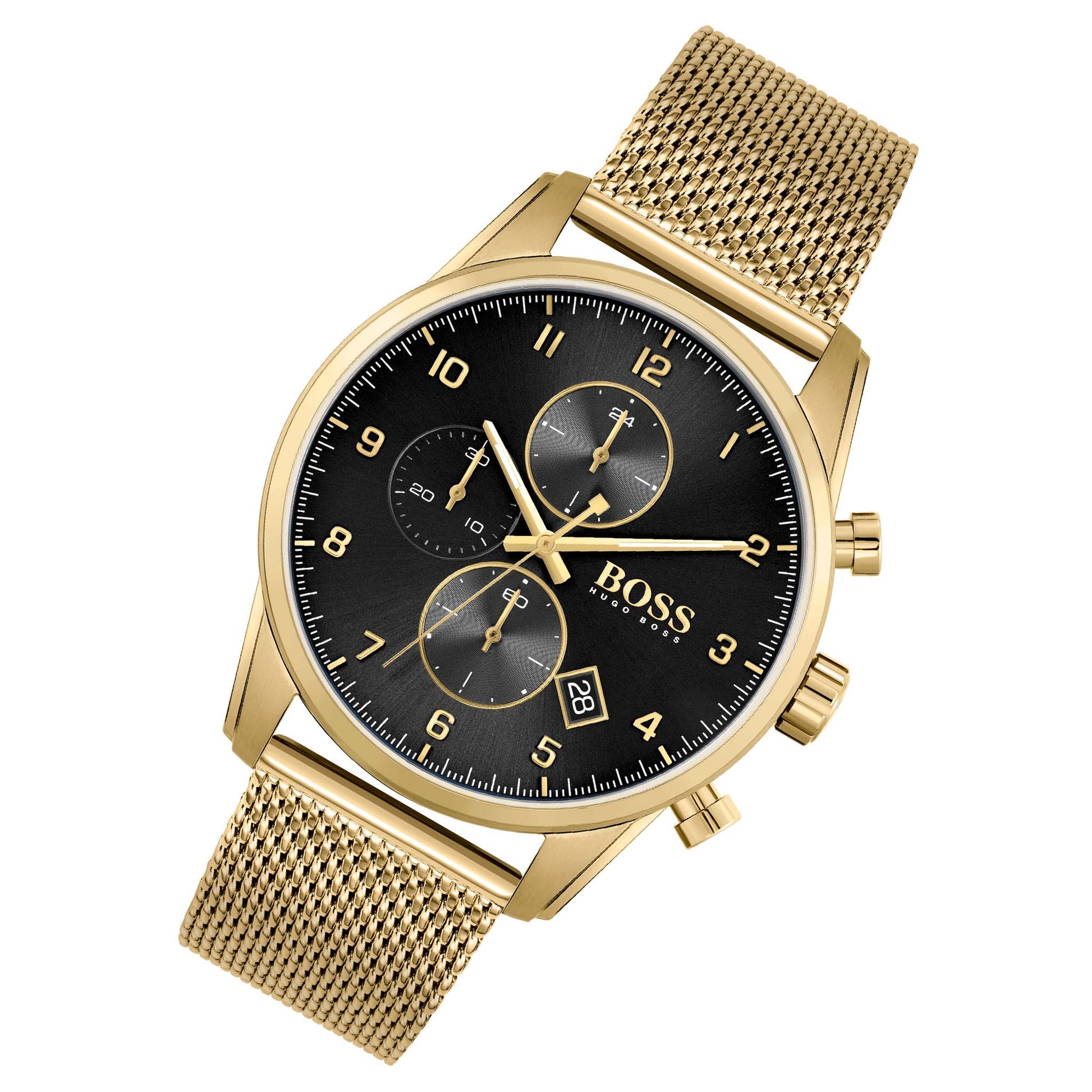 Hugo Boss Skymaster Black Dial Gold Mesh Bracelet Watch for Men - 1513838
