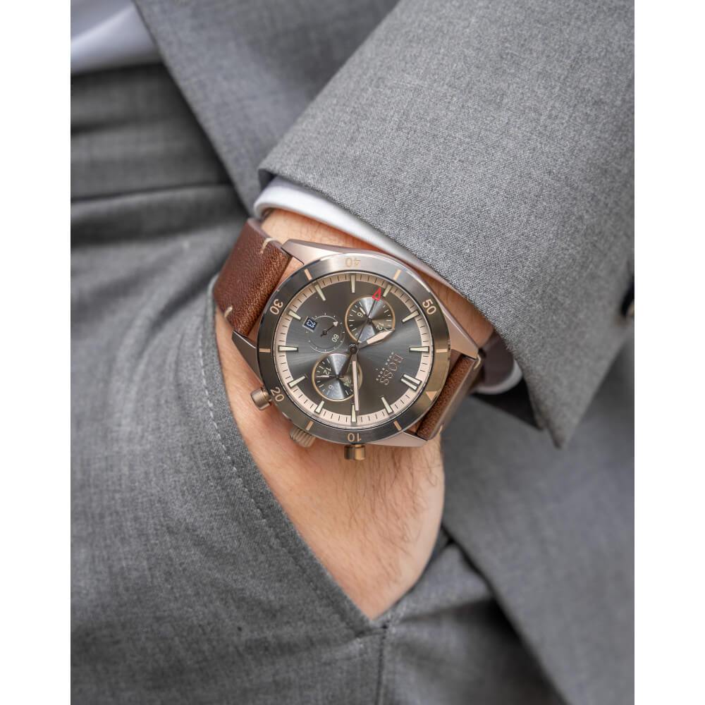 Hugo Boss Santiago Chronograph Grey Dial Brown Leather Strap Watch for Men - 1513861