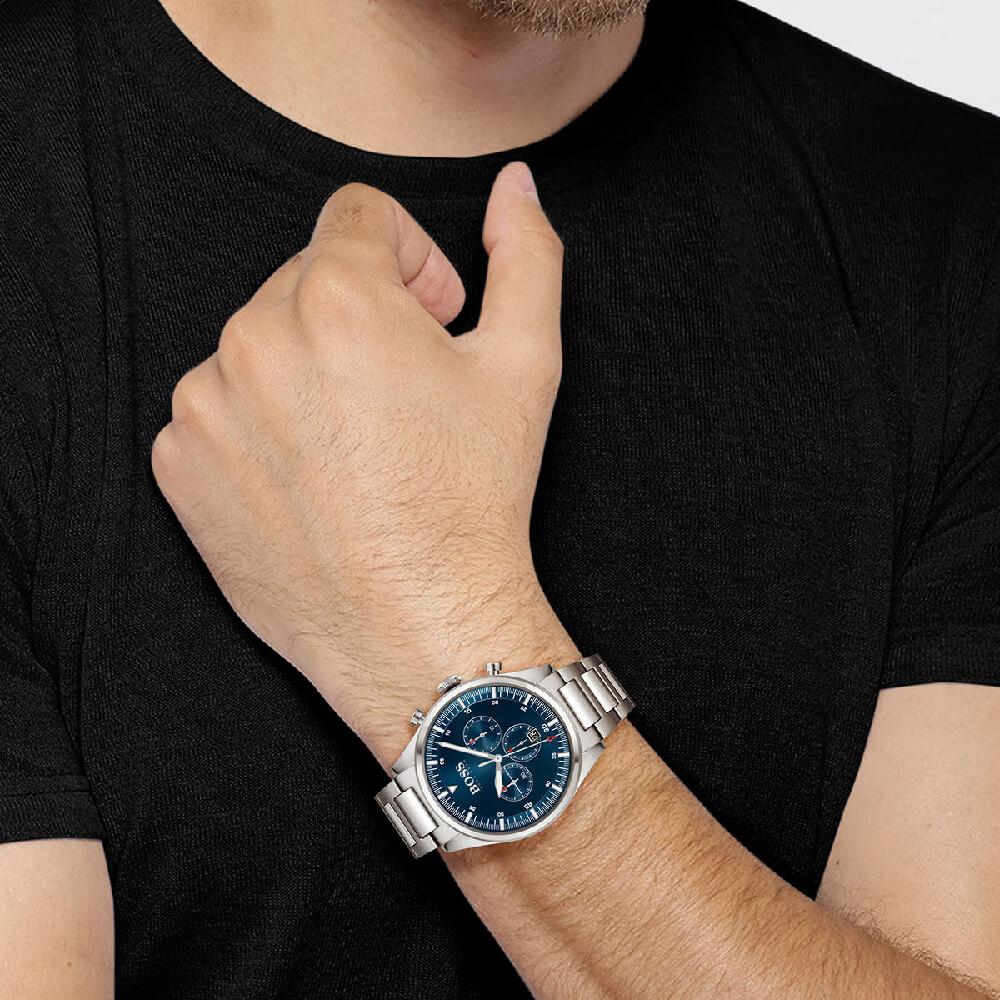 Hugo Boss Talent Blue Dial Silver Steel Strap Watch for Men - 1513582
