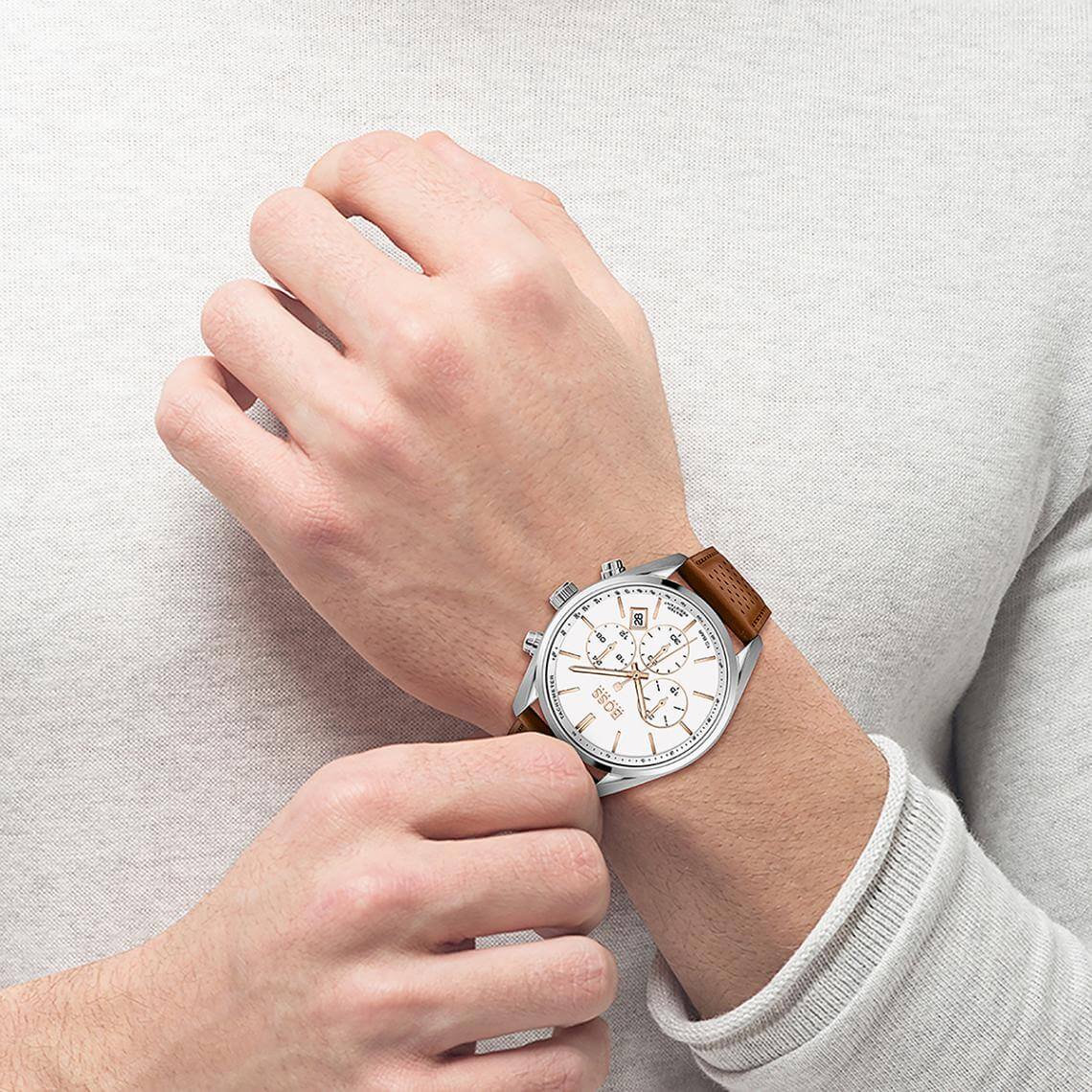Hugo Boss Champion White Dial Brown Leather Strap Watch for Men - 1513879