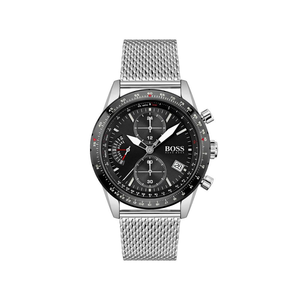 Hugo Boss Pilot Edition Black Dial Silver Mesh Bracelet Watch for Men - 1513886