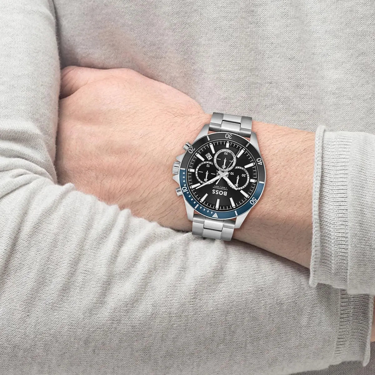 Hugo Boss Troper Chronograph Black Dial Silver Steel Strap Watch For Men - 1514101