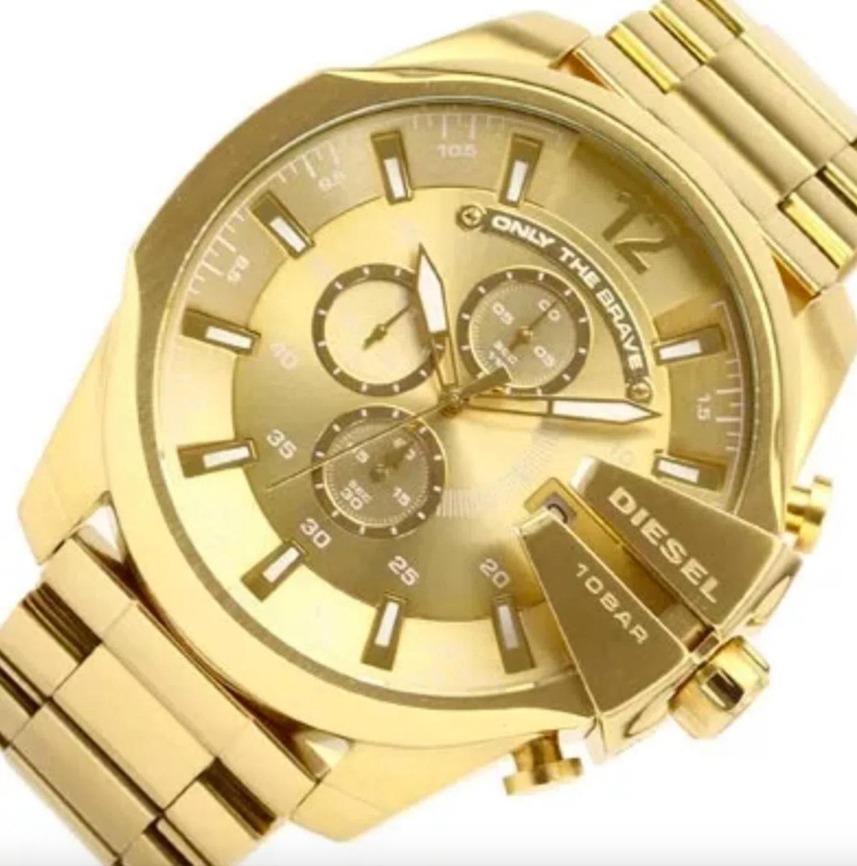 Diesel Mega Chief Chronograph Gold Dial Gold Steel Strap Watch For Men - DZ4360