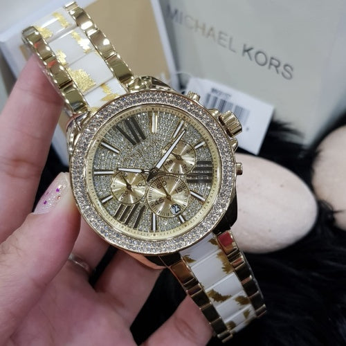 Michael Kors Wren Diamonds Gold Dial Two Tone Steel Strap Watch for Women - MK6157