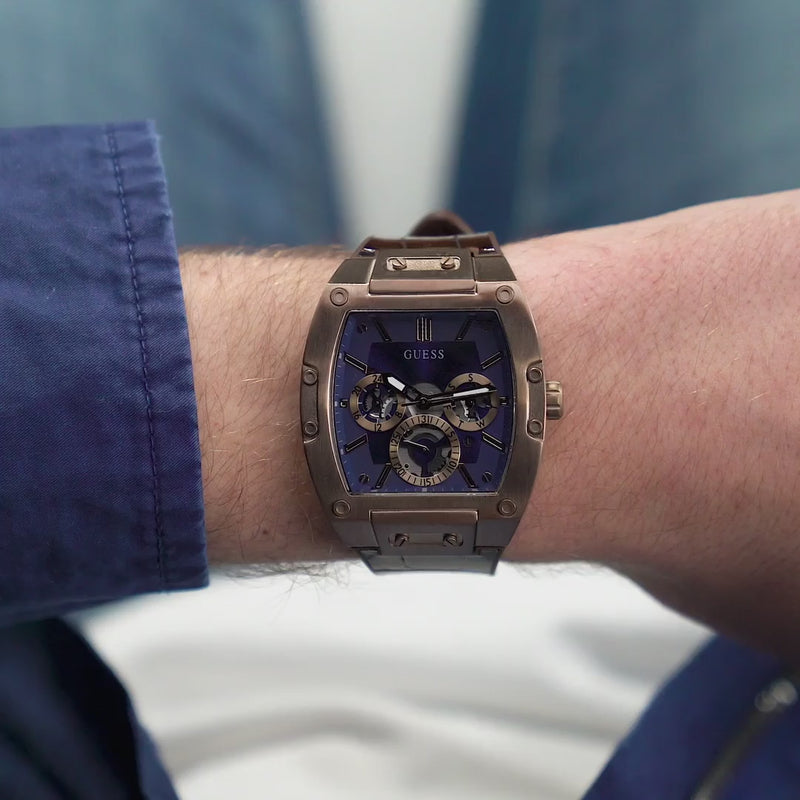 Guess Phoenix Multifunction Blue Dial Brown Leather Strap Watch for Men - GW0202G2