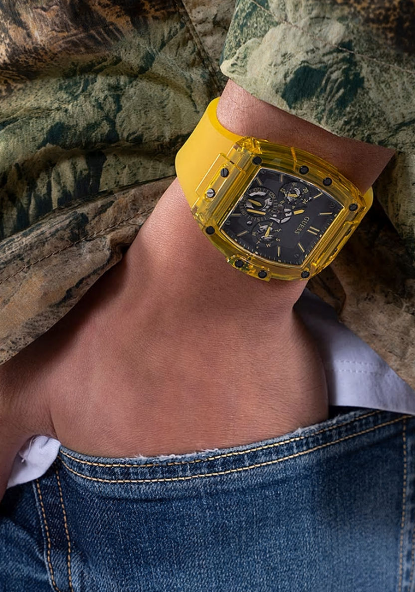 Guess Phoenix Multi Function Black Dial Yellow Rubber Strap Watch for Men - GW0203G6