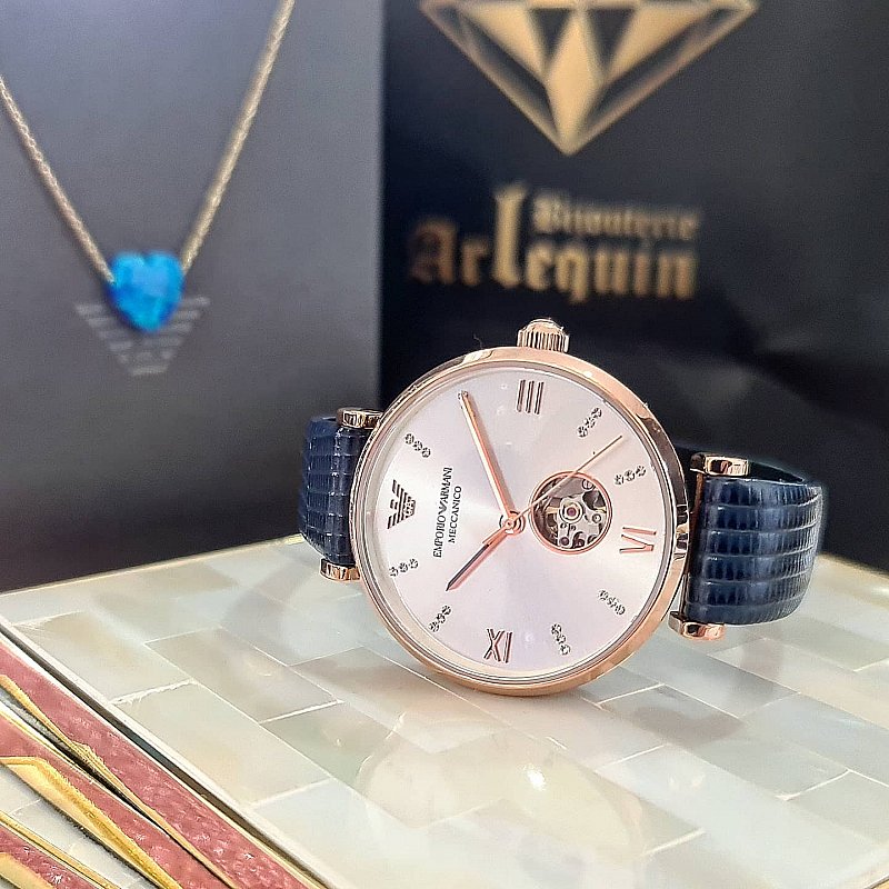 Emporio Armani Gianni T-Bar Analog Silver Dial Blue Leather Strap Watch For Women - AR60020