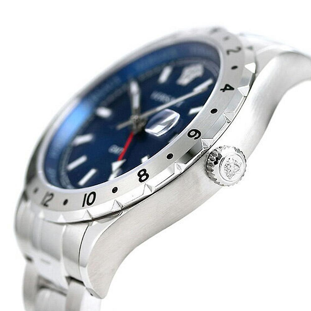 Versace Hellenyium GMT Blue Dial Silver Steel Strap Watch for Men - V11010015