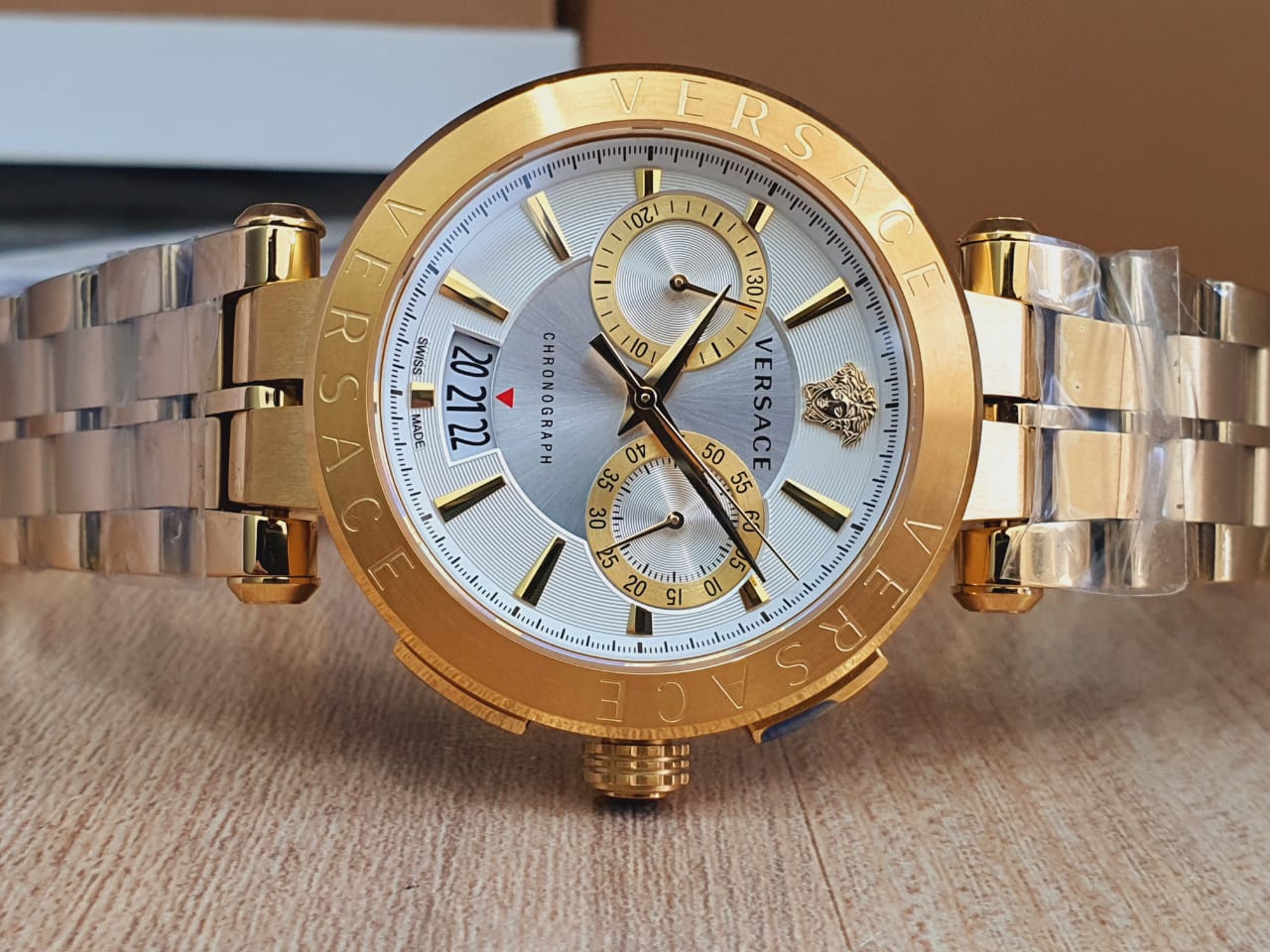 Versace V Racer Chronograph White Dial Gold Steel Strap Watch for Men - VBR060017