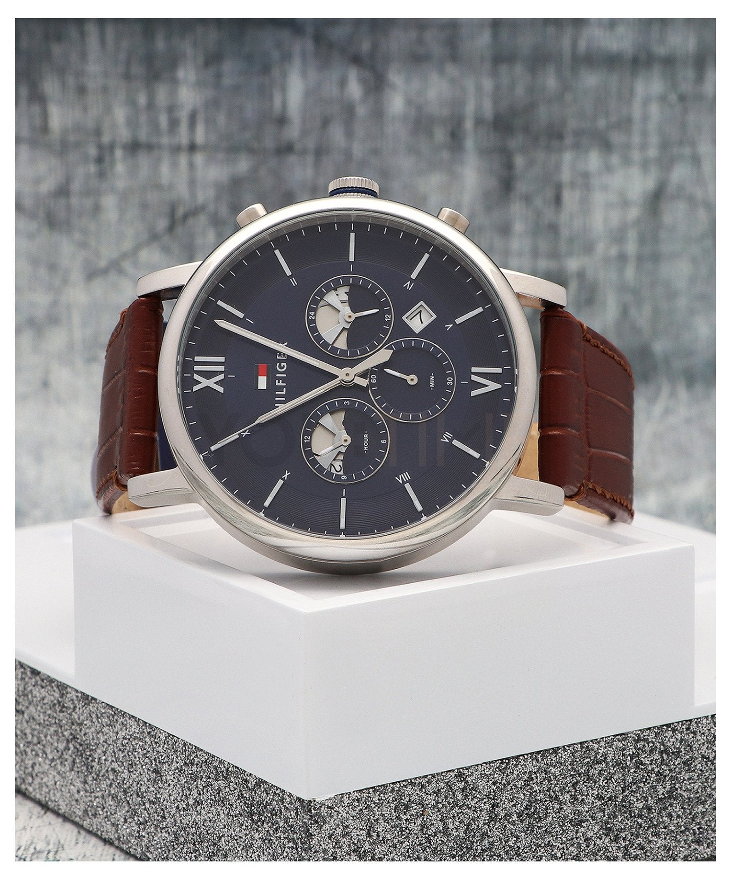 Tommy Hilfiger Evan Chronograph Blue Dial Brown Leather Strap Watch for Men - 1710393