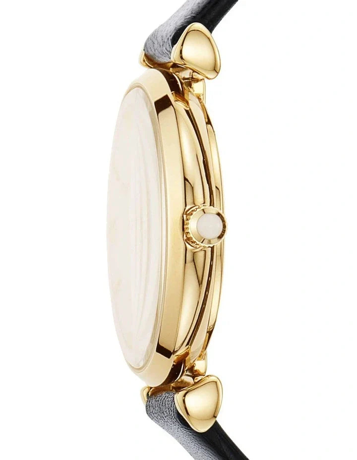 Emporio Armani Gianni T-Bar Quartz Mother of Pearl Dial Black Leather Strap Watch For Women - AR1910
