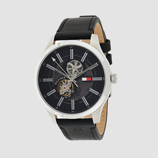 Tommy Hilfiger Spencer Skeleton Black Dial Black Leather Strap Watch for Men - 1791641