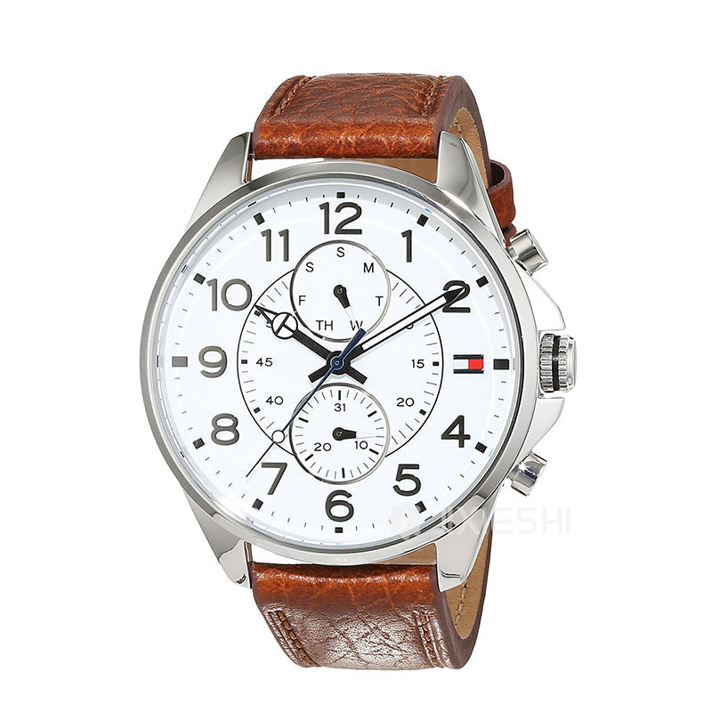 Tommy Hilfiger Dean Quartz Multifunction White Dial Brown Leather Strap Watch for Men - 1791274