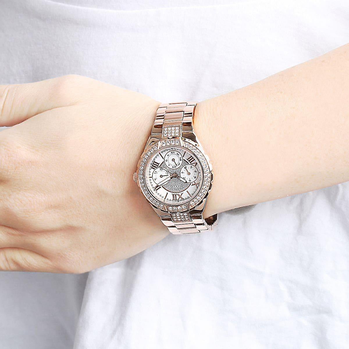 Guess Viva Diamonds White Dial Rose Gold Steel Strap Watch for Women - W0111L3